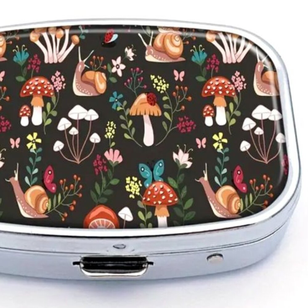 Woodsy Nature Mushrooms Flowers Rectangular Purse Travel Vitamin Pill Box - Picture 2 of 3